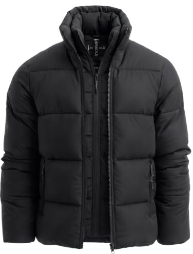 Mens Plain Black Heavyweight Funnel Neck Padded Winter Field Jacket Quilted Warm Coat Zip Side Pockets Inside Pocket
