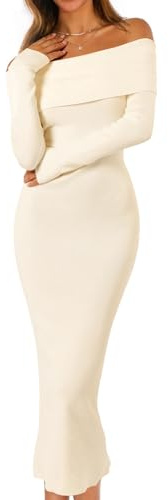 MEROKEETY Robe Pull Moulante à épaules dénudées pour Femme - Manches Longues - Élégante - pour Cocktail, fête, Beige, Taille M