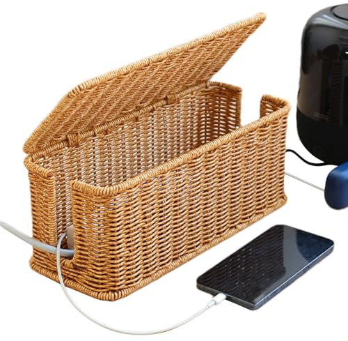 Cable Management Box, Charging Station Basket, Cord Hider Box, Wire Organizer Basket WithHand-Woven Cable Management Box for Organizing Charging Stations and USB Hubs