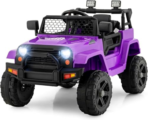 Kids Ride On Truck, 12V Electric Vehicle Car with Remote Control, Toddlers Battery Powered Toy with 2 Speeds, Spring Suspension, Double Open Doors, LED Lights, Music, TF, USB, Mp3 (Purple)