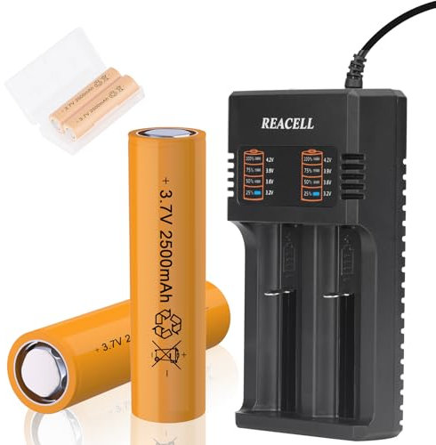 REACELL 3.7V 2500mAh Rechargeable Battery (2 Pack), Flat Top NiMH, Fast Dual Battery USB Charger for Headlamp, LED Flashlight, Universal 3.6V/3.7V Li-ion Batteries