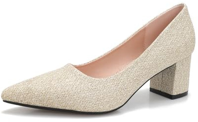 QiBusLeen Dam Glitter Court skor Slip On Low Block Pumps stängd spetsig tå klänning tjocka klackar för kvinnor bekväma bröllop bal dating pumpar, Guld, 44 EU