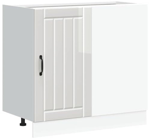 vidaXL Sink Base Cabinet Lucca - Gloss White Engineered Wood Kitchen Storage, 86x46x81.5 cm, Adjustable Feet