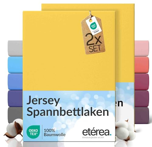 etérea Jersey 2er Set Spannbettlaken 180x200cm - 200x200cm Gelb bis 25 cm Höhe - 100% Baumwolle Spannbetttuch Oekotex - Doppelpack Bettlaken 180x200 cm - 200x200 cm - Yellow
