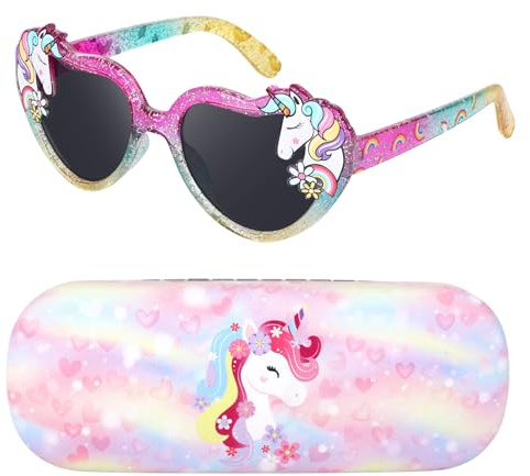 Beipegin Gafas de sol Niña Gafas Corazon Gafas de sol Unicornio UV400 Protección Rayos Decorativas y Funda Gafas Fiesta Niña 3 Años a 10 Años