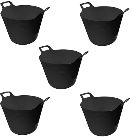 ORGANIZED® 42L Flexible Tubs Set of 5 – Large Heavy Duty Black Rubber Storage Buckets with Handles, Multi-Purpose Flexible Plastic Tubs for Garden, Cleaning, Laundry, DIY, Builders & Home Storage