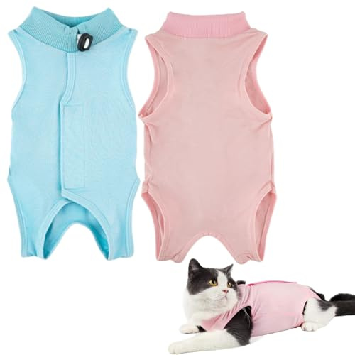 Cat Recovery Suit 2 Pack, Soft Breathable Surgical Body Suit for Female Cats After Surgery, Anti-Lick Spay Neuter Cone Alternative, Pink & Blue, Size M (2-4KG)