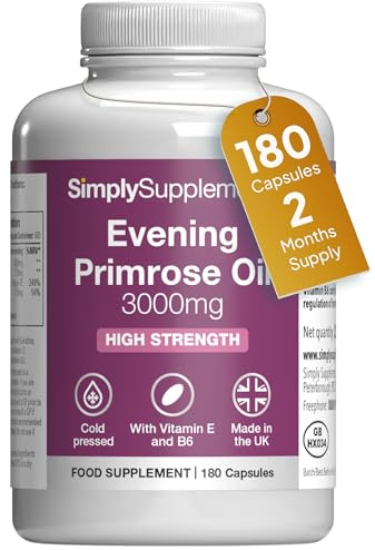 Evening Primrose Oil 3000mg Capsules | Supports Hormonal Balance & Healthy Skin | with Added Vitamins B6 & E | 180 Softgels Capsules = 2 Months’ Supply | GMP-Certified & UK-Made