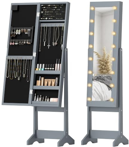 HOMCOM Freestanding Mirror Jewelry Cabinet with LED Lights, Grey | Jewellery Organiser, 3 Angle Adjustable, Full-Length Mirror, Storage for Earrings, Necklaces, Rings and Lipsticks