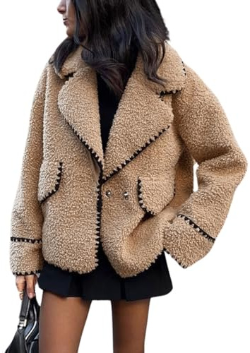 Damen Winter lässig bestickt Sherpa Jacke Kerbe Revers Fuzzy Kunstpelz Fleece Jacke Mantel