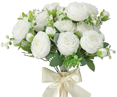 ZYQUES Artificial Peony Silk Flowers, Peony Artificial Flowers Silk Peonies Bouquets Fake 2 Bundles White Flowers for Wedding Party Centerpiece Home Decor