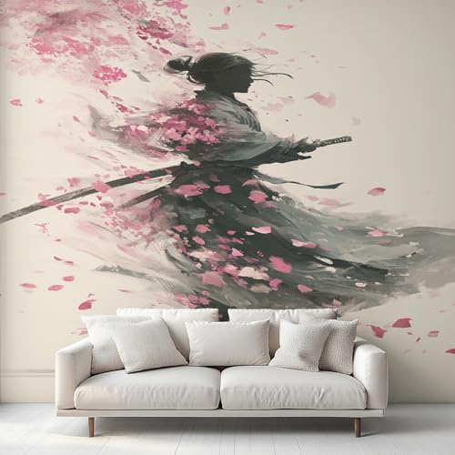 Générique Papier Peint Samouraï Japonais Papier Peint Panoramique Fleur de Cerisier Japon Bushido Papiers Peints Intissé Fresque Murale, Decoration Chambre Salon, 310 x 250 cm DD&CUQ