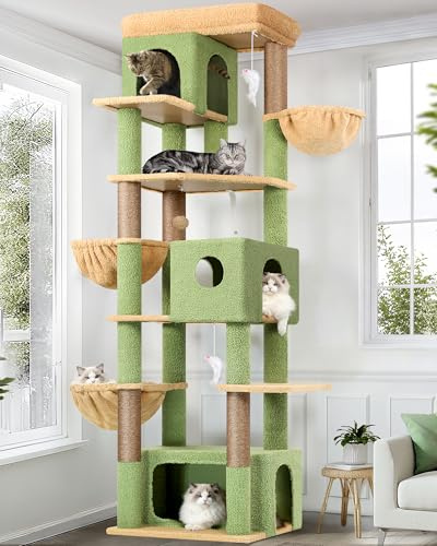 Globlazer F80F Kratzbaum Kaktus Grün XXL 204 cm Stabil für 3-5 Groß Katze | Luxus Katzenbaum mit 3 Katzenhaus, 2 Große Plattformen,3 Weich Katzenkorb für 3-5 Erwachsene Katze Ausruhen Spielen Kratzen