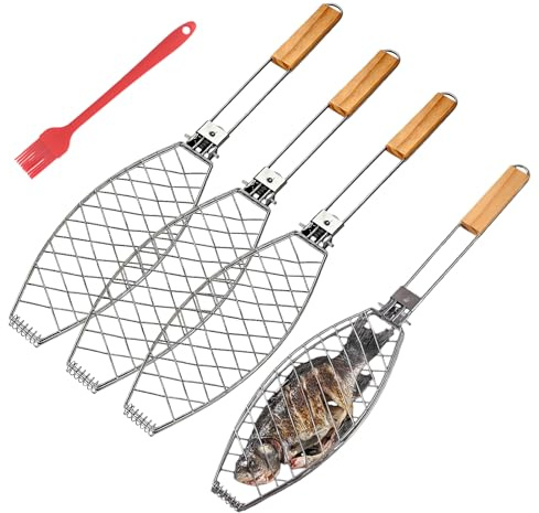 GOMETY 4 stycken fiskgrillhållare BBQ fiskgrilltång, fiskstekspade rostfritt stål fiskgrillgaller med trähandtag, oljeborste fiskhållare för grillning, stor fiskgrillare tång, grillkorg, grillfisk
