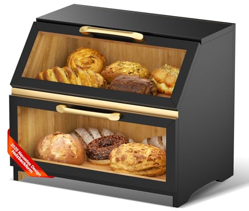 Brotkasten mit Belüftung aus Holz für die Küchentheke,großer Brotaufbewahrungsbehälter für selbstgebackenes Brot,Brotkasten-Organizer im Landhausstil für die Küchenthekenecke,den Schrank (Schwarz K)