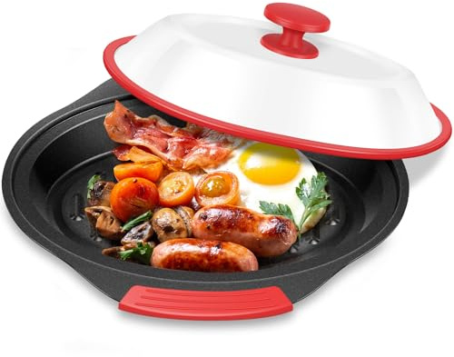 Microwave Grill Pan with Lid Multi Use Griddle & Crisper Tray for Grilling Frying Browning and Crisping Microwave Safe Cookware Easy to Clean (Red)