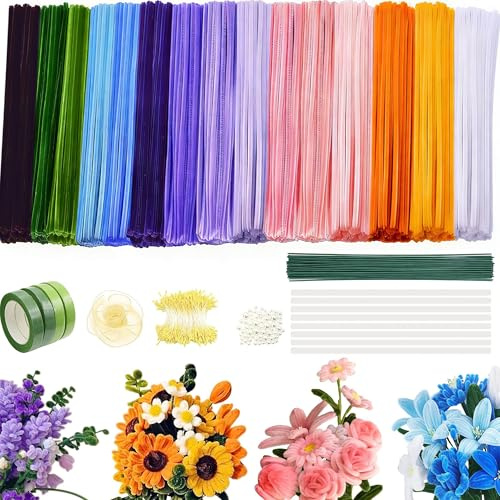 850 Stück Pfeifenreiniger Blumen Set, 15 Farben Pipe Cleaner, Pfeifenputzer zum Basteln, mit 50 Stück Blumendraht, Beinhaltet Perlen, Geschenkbänder, Klebeband, Geschenkpapier für DIY Blumenstrauß