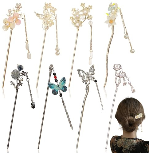 PYSEOSISE Horquilla China para el Pelo, 8 Piezas Palillos Vintage con Mariposas y Flores, Palillos Chinos para Moño con Borlas Accesorio Elegante para Cabello de Mujer