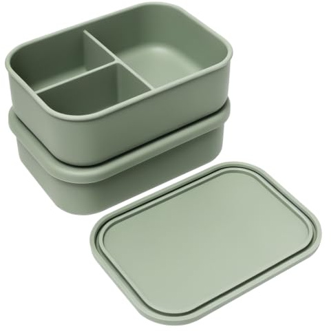 Sxutop 2 Piezas Fiambrera de Silicona con 3 Compartimentos 1300ml Grande Fiambrera Lunch Box para Adultos Infantil Lonchera de Silicona Hermetica para Escuela,Oficina,Picnic (Verde)
