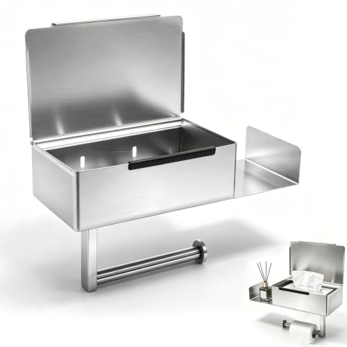 Toilettenpapierhalter Ohne Bohren, Klopapierhalter Edelstahl, Toilettenpapierhalter mit Feuchttücherbox, Klorollenhalter mit Ablage, WC Papier Halterung für Toilette, Bad, Küche (Silber)