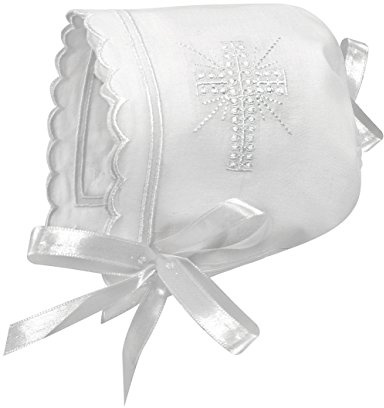 Stephan Baby Bonnets - White Cotton Christening Bonnet with Cutwork Embroidered Cross and Satin Bows, One Size, Scalloped Hem