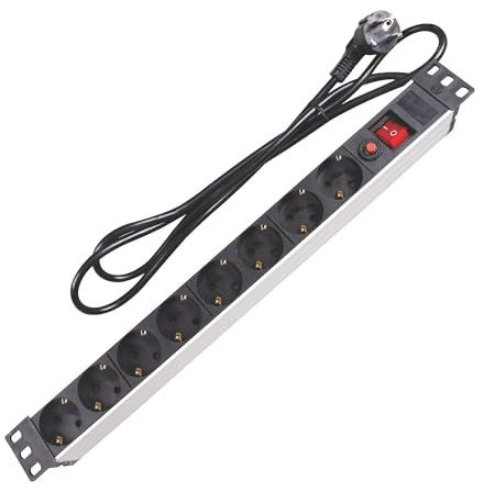 Perel Multiprise PDU 8 prises Schuko type F avec interrupteur et protection surtension, câble H05VV-F 3G1.5 de 2,15 m, 3680 W, répartiteur d’alimentation pour baie 19 pouces, armoire serveur et bureau