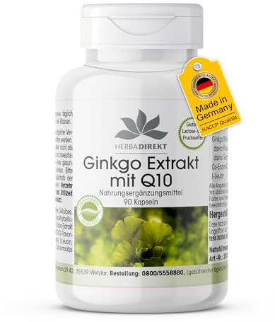 Ginkgo Kapseln - Ginkgo Biloba Extrakt mit Coenzym Q10-90 Kapseln - schluckfreundlich - vegan | HERBADIREKT by Warnke Vitalstoffe - Deutsche Apothekenqualität