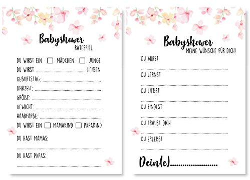 Gentle North Babyparty Spiele (25 Karten - beidseitig Bedruckt) - Deutsch - Babyshower Spiele für Junge und Mädchen - Deko Baby Shower Party Spiel - Rosa