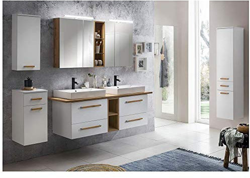 Lomadox Badezimmer Badmöbel Komplettset, weiß mit Eiche Landhaus, 165cm Waschtisch-Unterschrank mit Regal, Doppel Keramik-Waschbecken, 2 LED-Spiegelschränke mit Regal, Hochschrank