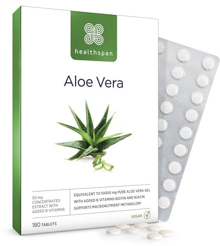 Healthspan Aloe Vera 10.000 mg | Reines Aloe Vera Gel | Unterstützt normalen Stoffwechsel & Immunsystem | Mit B-Vitaminen | Fördert Gesundheit & Wohlbefinden | Vegan | 180 Tabletten