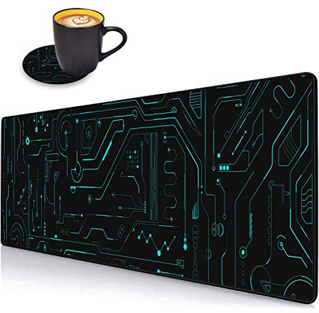 Desk Pad Mat Gaming Mouse Pads with Coasters Set, Stitched Edges Design Mouse Pad XXL Large Mouse Pad for Laptop Computers Circuit Board Pattern Desk Writing Mat for Office & Home 31.5x 11.8