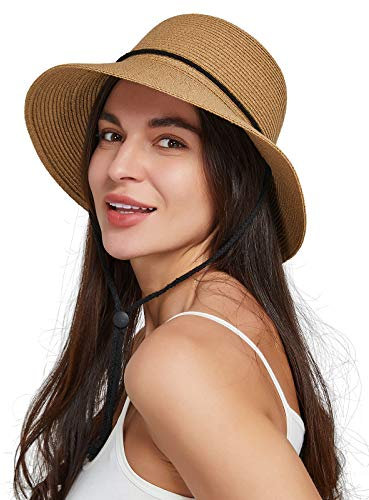 Gisdanchz Womens Straw Sun Hats Wide Brim Beach Hat for Women Ladies UPF 50 UV Sun Protection Packable Summer Bucket Hat with Chin Strap for Vacation Trip Travel Gardening Safari Planting, Khaki