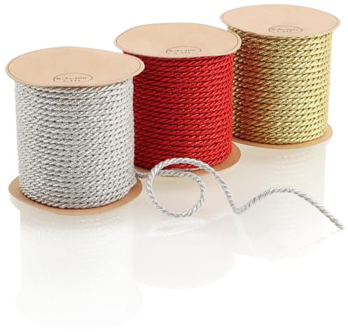 COM-FOUR® Set di 3 nastri decorativi in 3 colori - Set natalizio di cordoncini regalo da 400 cm ciascuno - nastro regalo per il fai da te e l'imballaggio - cordone (3 pezzi - plastica - 3 colori)