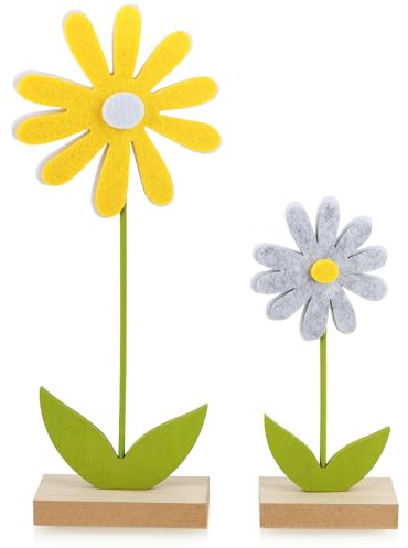 com-four® 2x Deko Aufsteller - dekorative Blumen aus Holz und Filz - Frühlingsdeko zum Hinstellen - Raumdekoration für Frühling, Sommer, Ostern - Holz-Blumen (2 Stück - Blume - grau/gelb)