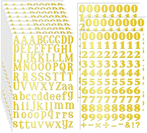Prasacco 12 Blätter Buchstaben Zahlen Aufkleber - Selbstklebende Groß und Klein Buchstaben Alphabet Zahlen Dekorative Aufkleber für DIY Handgemachte Scrapbooking Schilder Grußkarten (Gold)