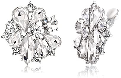 EVER FAITH Blumen-Ohrclips für Damen Mädchen Strass-Kristall Blumen Clips on Ohrringe Klar Silber-Ton