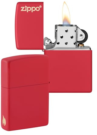 Zippo Briquet Tempête - Design Logo & Flamme - Rouge Mat - Rechargeable - Réutilisable - Design Coupe-Vent - Coffret Cadeau Fabriqué aux États-Unis - Exclusivité Amazon