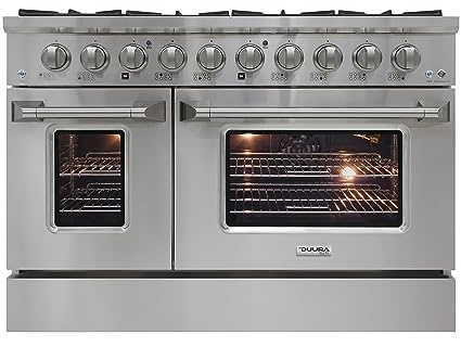 DUURA Elite Gas Range Cooktop, 48-Inch with Double Porcelain Convection Oven and Broil Function, 8 Sealed Burners Continuous Grates with Stainless Steel Construction, 6.7-Cu.Ft, Metallic