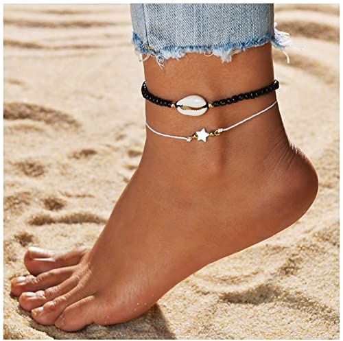 Cimenexe Bohème Geschichtete Muschel Fußkettchen Armband Emaille Stern Fußkettchen Gewebtes Seil Kauri Knöchelarmband Schwarzes Seil Perlen Kette Fußkettchen Verstellbar Schwarzes Wachs Fußkettchen