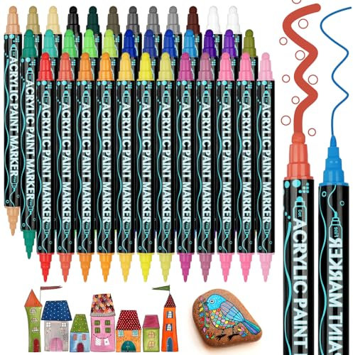 AUAUY 36PCS Acrylfarben Stifte, Acrylstifte für Steine Wasserfest mit Doppelspitze, Twin Tip Marker zum Zeichnen und Malen, Acrylic Paint Stifte Bemalen für Holz Keramik Glas Leinwand Keramik Basteln