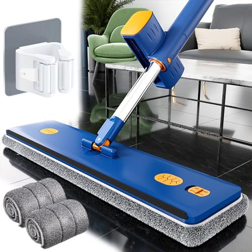 Ciobooo Wischmop, 2024 Neue Putzeimer mit Große Wischmop, 360° Drehbarer Mikrofaser mit Selbstwringer Eigenständiger Entwässerungsschaber Mopp (Blau, MOP + 2 Stück Lappen)