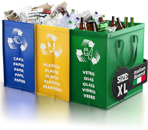 PTMS® Borse Raccolta Differenziata MAXI XL - 3 Bidoni Differenziata da Interno ed Esterno per Carta, Plastica e Vetro - Set Bidoni per Raccolta Differenziata extra grandi in Colore di Riciclaggio