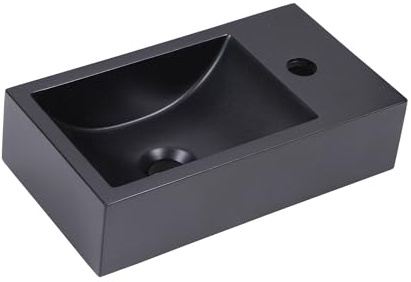 Wunderbad Kleines Gäste-WC Waschbecken aus Premium Quartz, 40x22 cm, Schwarz | Handwaschbecken, Flexible Wand- oder Aufsatzmontage, Hahnloch Links