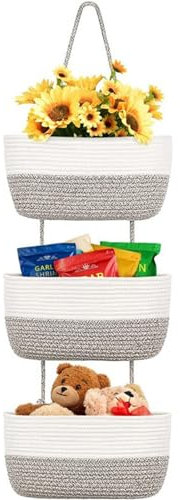 Ueiwffzo Hängeorganizer Organizer Wand, 3 stufiger Hängekorb aus Baumwollseil gewebt, Hängende Tasche Aufbewahrungstasche für Schlafzimmer, Wohnzimmer (Weiß+Grau)