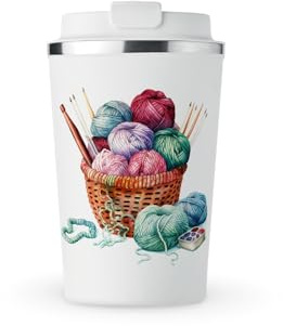 MAXIKIWI – Isolerad dubbelväggig, läckagesäker rostfritt stål mugg, kaffe eller te rese tumlare med lock, håller drycker varma och kalla – virkad stickning akvarell – 350 ml