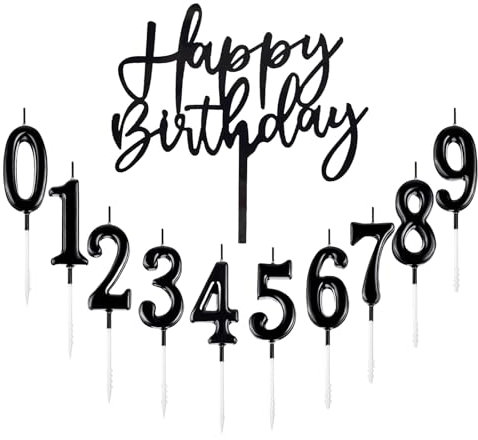 Bolosa 10 Stück Geburtstagskerzen Zahlen 0-9, Kerzen Geburtstag Schwarz mit Acryl Glitter Cupcake Topper, Happy Birthday Tortendeko, Geburtstag Deko, Kuchen Deko für Mädchen, Kinder, Hochzeit