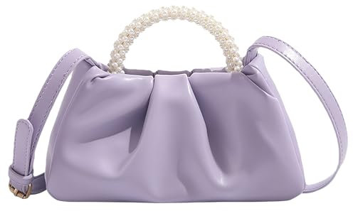 Anopo Kleine Clutch für Damen mit Perlengriff Geraffte Wolke Tasche Elegante Abendtasche mit Schultergurt Lila