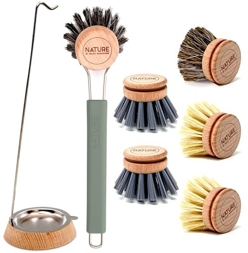 XL Spülbürste Set | Spülbürste - austauschbaren Bürstenkopf | Bürstenständer | 2X Kaktus, 2X Rosshaar, 2X. Kunststoff | nachhaltig, stilvoll abwaschen, spülen | Holz, Silikon, Edelstahl (grün)