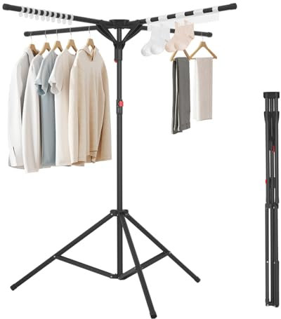 Sinbide Tendedero de Ropa, Secador de Paraguas, Plegable Perchero Extensible con Barra para Colgar, Ajustar Altura Diferente, Ropa Portátil para Interior y Exterior (Negro)