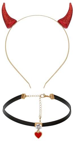jerbro Teufelshörner Teufels Ohren Haarreif Haarschmuck mit Herz Choker Halskette für Damen Herren Halloween Fasching Kostüm Karneval Cosplay Party (Rot)